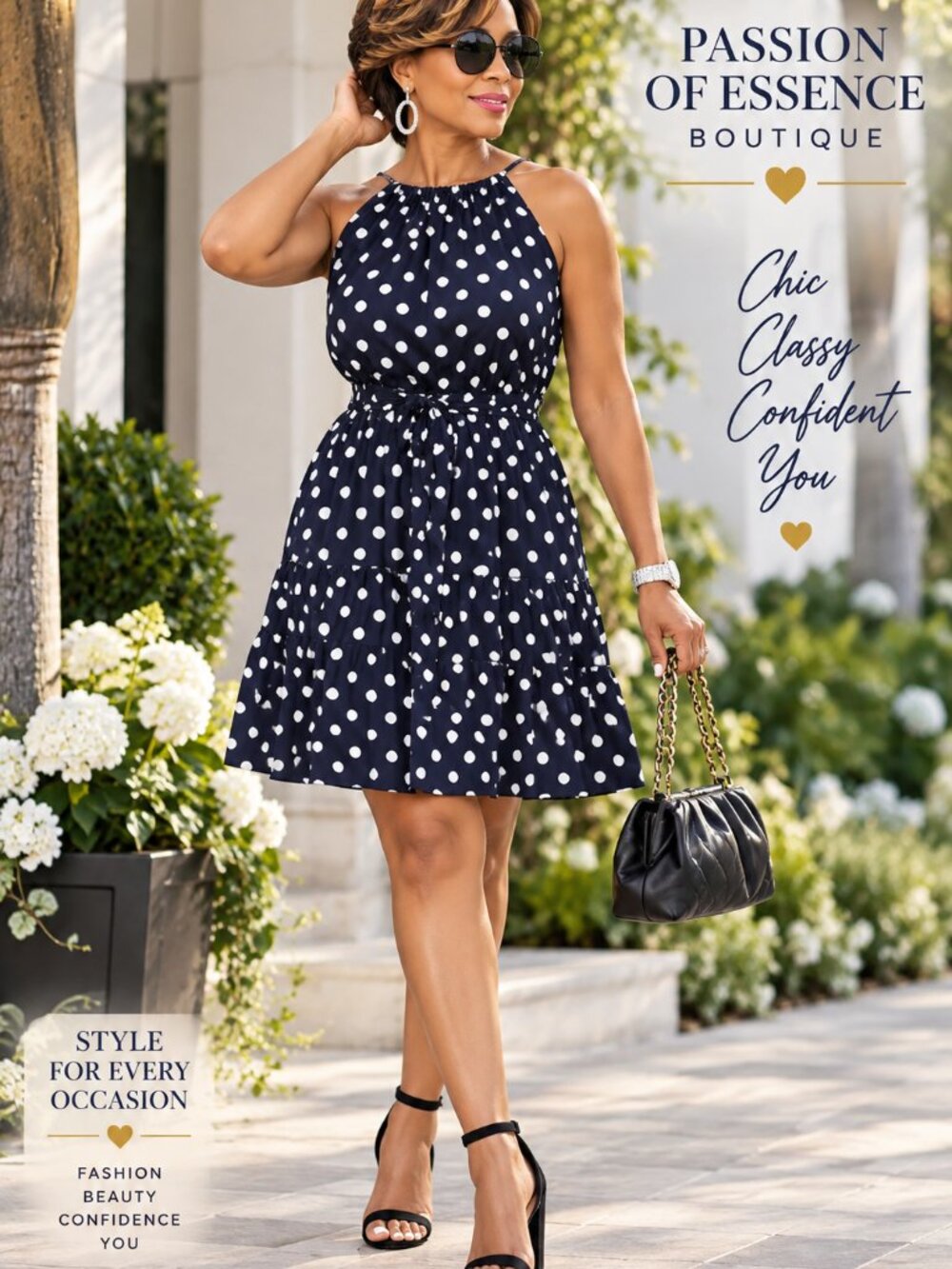 Navy Blue White Polka Dot Halter Mini Dress Belted Size L 8-10